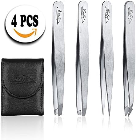 Tweezers Set with Leather Travel Case -Professional Stainless Steel Tweezers - Precision Eyebrow Tweezers Great for Plucking Eyebrows (4 Piece)