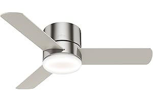 Hunter 44 inch Indoor Ceiling Fan with Light and Remote Control - For Bedroom or Living Room, Low Profile Mount, Modern Ceiling Fan with LED Light, Quiet, 3 Blades - Minimus 59454, Brushed Nickel