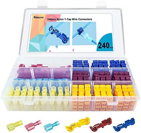 Riseuvo 240pcs T-Tap Wire Connectors, Self-Stripping Quick Splice Wire Terminals, with Nylon Fully Insulated Male Spade Disconnect Kit