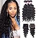 Ugrace Hair Loose Deep Wave Bundles with Closure Human Hair Loose Deep Curly with Closure Brazilian Virgin Hair with Closure 4x4 Inch Natural Color Can Be Dyed and Bleached (20/22/24+18 Inch)