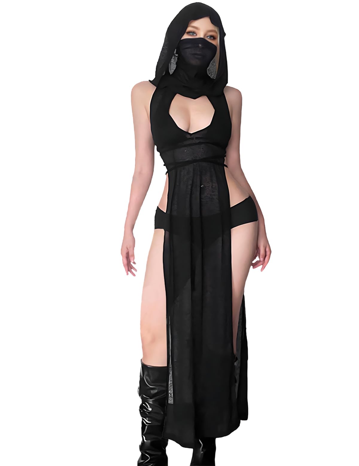 Photo 1 of Lucky2Buy Rave Outfits for Women High Split Slim Hooded Black Knit Dress Cover Ups Streetwear (Small)