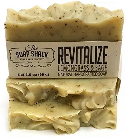 Natural Handmade Soap - Lemongrass Sage - 3-Pack. Pure Essential oils of Lemongrass and Clary Sage, Ground Sage leaves for light exfoliation – Experience Revitalize!