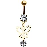 Pierced Owl - Crystal Butterfly Dangling Stainless Steel Belly Button Navel Ring