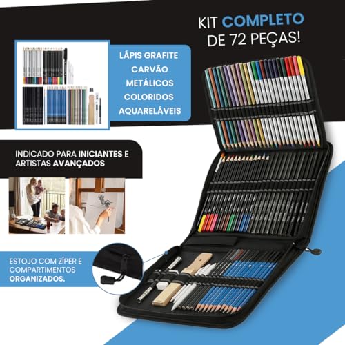 Kit de Desenho Profissional Completo 72 Peças com Estojo Portátil – Lápis Grafite, Carvão, Aquarela e Acessórios para Artistas, Estudantes, Iniciantes e Crianças Premium