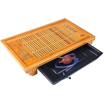 Ufine Bamboo Tea Tray 19.7 inch Large Tea Serving Tray with Water Storage Drainage Chinese Gongfu Tea Table Gift Set Home Office