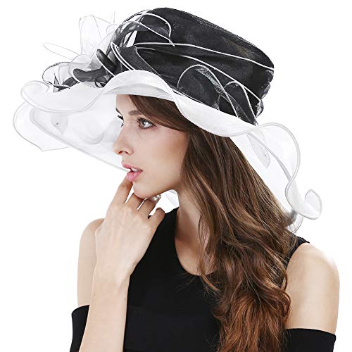 Women's Fascinators Wide Brim Sun Hat for Kentucky Derby, Church, Wedding, Tea Party, Royal Ascot, Easter (Black/White)