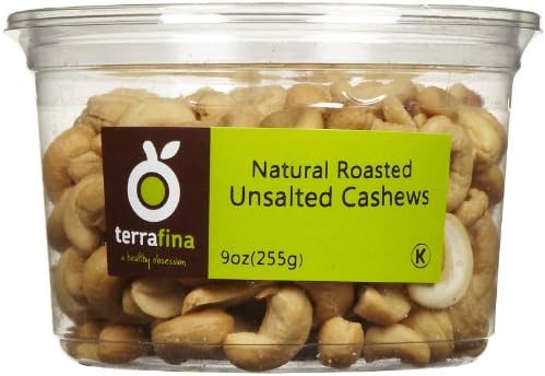 Terrafina Cashews, Roasted Unsalted, 9 Ounce Tub