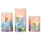 Collections Etc Spring Decorative LED Flameless Candle Set Trio, Garden Bliss Hummingbird Design