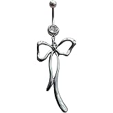 Elegant Bow Charm Belly Button Ring, Bowknot Dangle Pendant Stainless Steel 14G Navel Barbell Ring, Dangly Piercing Belly Bar Body Jewelry for Her