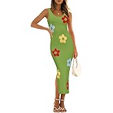 ZESICA Women's Summer Knit Bodycon Midi Dress 2026 Sleeveless Floral Crewneck Color Block Long Beach Party Dresses
