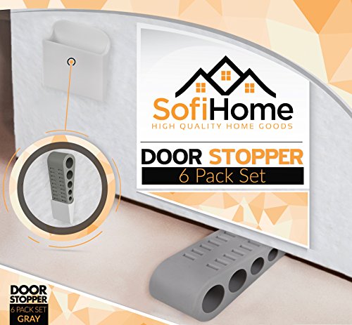 Door Stopper 6 Pack Set [BONUS HOLDERS & EBOOK] - SofiHome Premium Heavy Duty Door Stop Rubber Wedge with Decorative Storage Holder - 1.3" high (perfect for large door gaps) - The Original (6, gray)