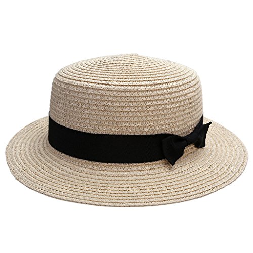 Ayliss Women Summer Short Brim Straw Fedora Hat with Bow-tie Band,Light Khaki