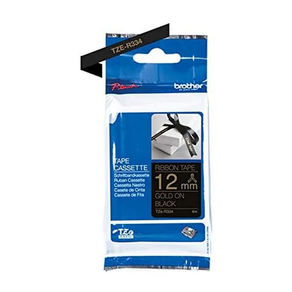 Brother TZe-R334 Labelling Tape Cassette, Gold on Black, 12 mm (W) x 4M (L), Ribbon Tape, Brother Genuine Supplies