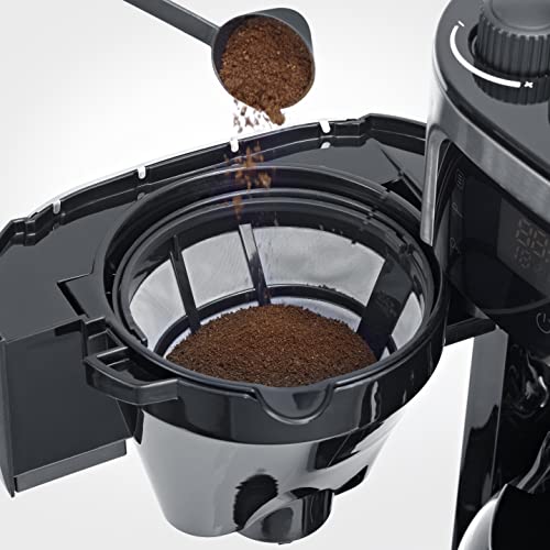 - Cafetera de goteo con molinillo hasta 10 tazas, Cafetera de filtro / Cafetera americana con jarra de cristal de 1l, con pantalla LED con temporizador, Acero inoxidable / Negro, KA 4813