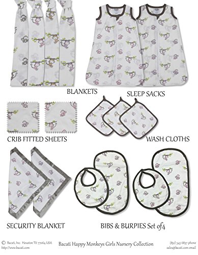 Bacati Set of 4 Happy Monkeys Muslin Swaddling Blankets, Pink/Purple/Grey