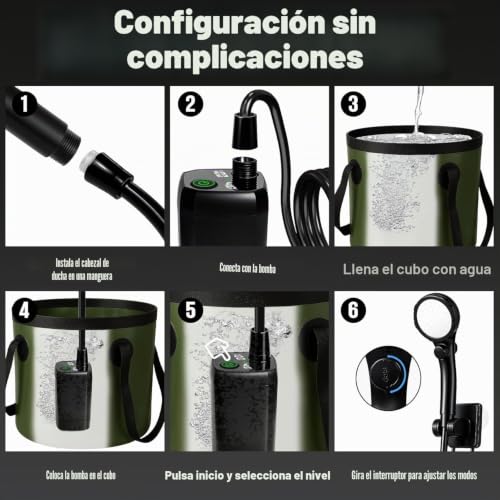 Goody King Portable Camping Shower with Pump Battery 6000 mAh – Water Shower Kit with Folding Bucket 20L, Head 3 Modes, Hose 2 m, IPX7, USB-C Charging – Shower Camper Van Outdoor Dog Garden
