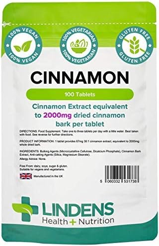 Lindens, Cinnamon 3000mg, 100 Tablets, UK Made, Super Concentrated 30X Extract, Equivalent to 3000mg of Dried Cinnamon