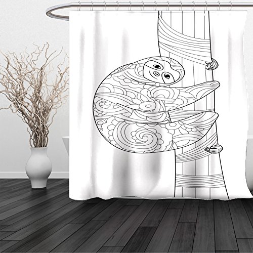 HAIXIA Shower Curtain Sloth Sloth Animal Outline Figure on Branch with Ornate Details Ethnic Swirled Elements Black White