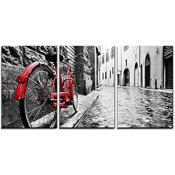 wall26 3 Piece Canvas Wall Art - Retro Vintage Red Bike on Cobblestone Street in The Old Town - Modern Home Decor Stretched and Framed Ready to Hang - 16