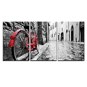 3 Piece Canvas Wall Art - Retro Vintage Red Bike on Cobblestone Street in The Old Town - Modern Home Art Stretched and Framed Ready to Hang - 16"x24"x3 Panels