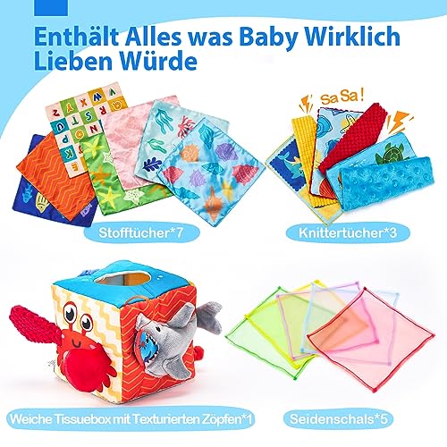 hahaland Baby Toy 6 12 Months Tissue Box, Montessori Toy Sensory Motor Skills Toy, Fabric Cloths Contrasting Colours Learning Sensory Toy for Boys Girls Gifts