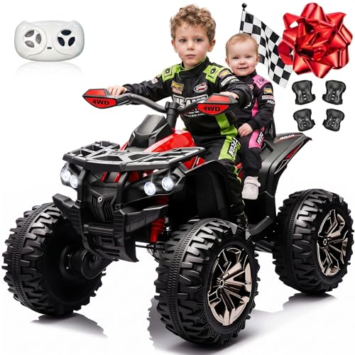 JOYRACER 24V 2 Seater Kids ATV 4 Wheeler, 4x4 Ride on Toys w/800W Engines, 9AH Battery Powered Electric Vehicle w/LED Light, MP3, USB, Spring Suspension, Kids Quad for Girls, Red