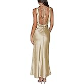 Womens Elegant Satin V Neck Backless Sleeveless Maxi Dress Silk Tie Low Back Formal Cocktail Dresses Wedding Guest