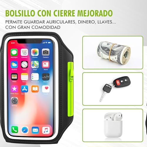 Brazalete Movil Running JAMAX | Porta Movil Running | Brazalete Deportivo Ajustable para Correr | Funda movil para Correr Compatible con iPhone, Samsung y Android (Negro)