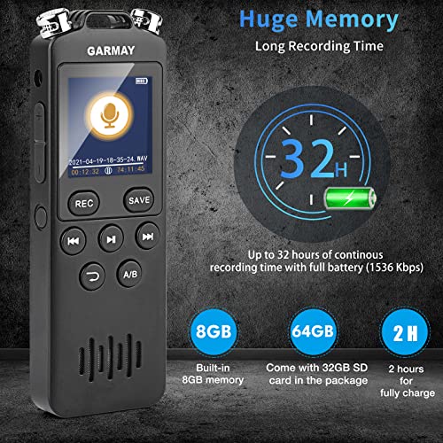 GARMAY Digital Voice Recorder 2022 Upgraded 72GB 1536KBPS 5148Hours