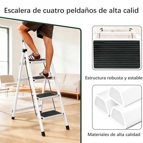 Unicame Escalera Plegable para Casa,Escalera Plegable 4 Peldaños,Diseño Antideslizante,Diseño de Cierre de Seguridad,Escalera Tubular,Escalera de Tijera,para Hogar Oficina Almacén-Negro (Blanco)