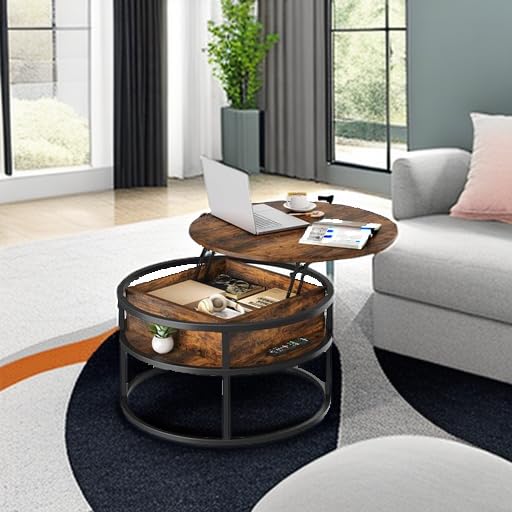 YITAHOME Couchtisch Rund mit Hebeplatte, Wohnzimmertisch mit verstecktem Ablagefach, Beistelltisch Rund mit Stauraum für Home Office, Runder Mitteltische Wohnzimmer 5