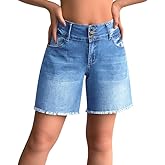 roswear Women's Stretchy Wide Leg High Waisted Frayed Hem Long Jean Shorts