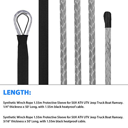 NELOMO 50'x1/4" Strong Durable Synthetic Winch Rope 7000-7700 LBS Black Fastness for ATV UTV KFI Vehicle Car Motorcycle (Black, 1/4") - Thumbnail 2