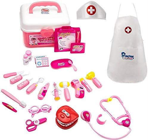 Doctor Kit Medical Case Dentist Playset Pretend Role Play Toy for Girls 3 Year Old and Up, Pink