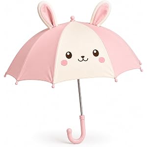 juju Compact Kawaii Rain Umbrella – Pastel Pink and Cream Bunny Canopy with 3D Ears – Rounded Safe Tips and Easy-Grip J Handl
