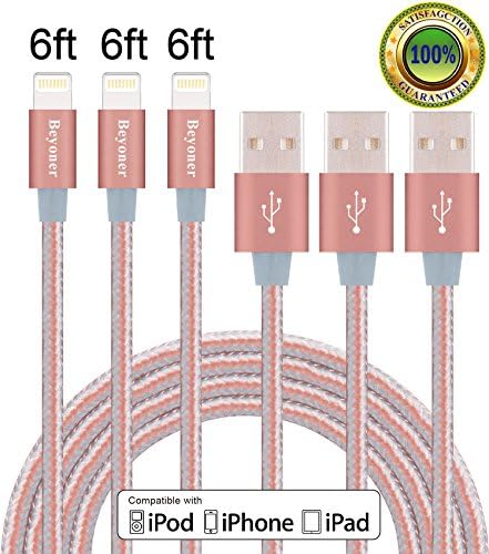 Beyoner Lightning Cable 3PCS 6FT 8pin Nylon Braided Extra Long Charging Cable USB Cord Charger for Apple iphone 7, 7plus, SE, iPhone 6s, 6s+, 6+, 6,iPad Mini,Air,Pro,iPad5,iPod (Rose Gold)