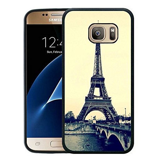 Galaxy S7 Case, Customized Black Soft Rubber TPU Samsung Galaxy S7 Case Eiffel Tower-bridge with people
