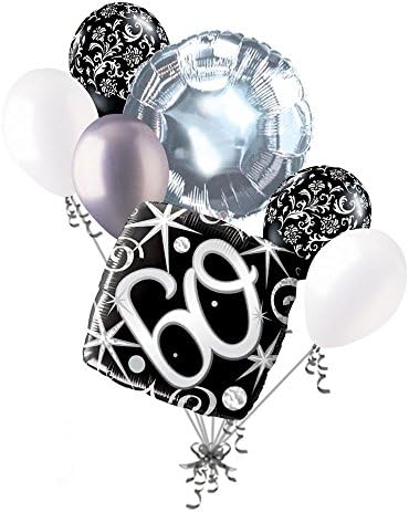 7 pc 60th Elegant Happy Birthday Sparkles Balloon Bouquet Black Damask Silver by Jeckaroonie Balloons