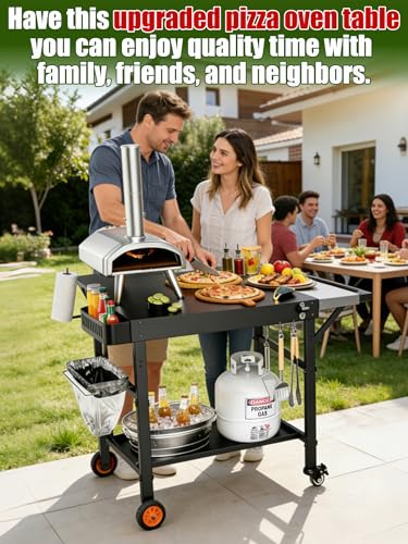 Outdoor Pizza Oven Table, Expansive Countertop Pizza Oven Stand for Party, Movable Kitchen Cooking Prep BBQ Cart with Wheels, Solid and Sturdy Grill Table, Fits Ooni Blackstone Ninja Cuisinart Gozney