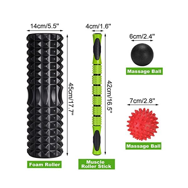 Odoland-18-Large-Size-Foam-Roller-5-Piece-Set-with-Lightweight-Muscle-Roller-Stick-and-2-Massage-Balls-High-Density-for-Physical-Therapy-Deep-Tissue-Trigger-Pain-Relief-Myofascial-Release Odoland 45cm Large Size Foam Roller Set with Roller Massage Stick, 2 Muscle Massage Balls and Carry Bag, High Density…