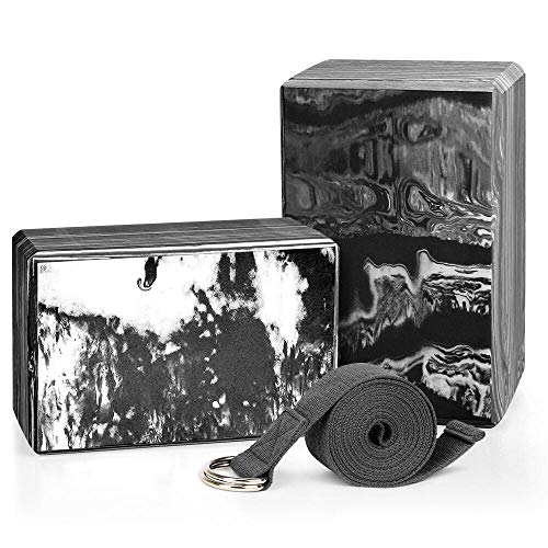 QF Yoga Blocks Plus Yoga Strap with Metal D-Ring, 9″x6″x4″ 2 Pack Eco-Friendly EVA Foam Block – High Density Exercise Brick Soft Non-Slip Surface for Yoga, Pilates, Meditation, Workout, Fitness & Gym