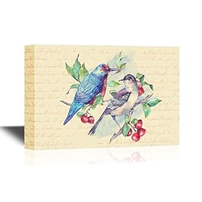 Canvas Wall Art - Pair of Birds on a Branch with Red Berries on Letter Text Background - Gallery Wrap Modern Home Art | Ready to Hang - 12x18 inches