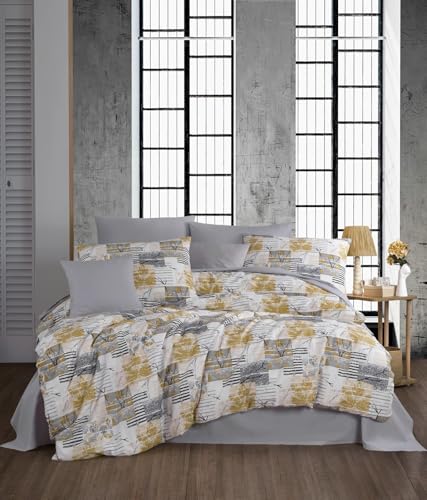 Nuit Des Rêves Parure de lit Simple élégante (135 x 200 cm), Gris/Blanc/Jaune, 50% Coton, 50% Polyester, Lavable en Machine à 40 °C, Parfaite pour Les Chambres Modernes
