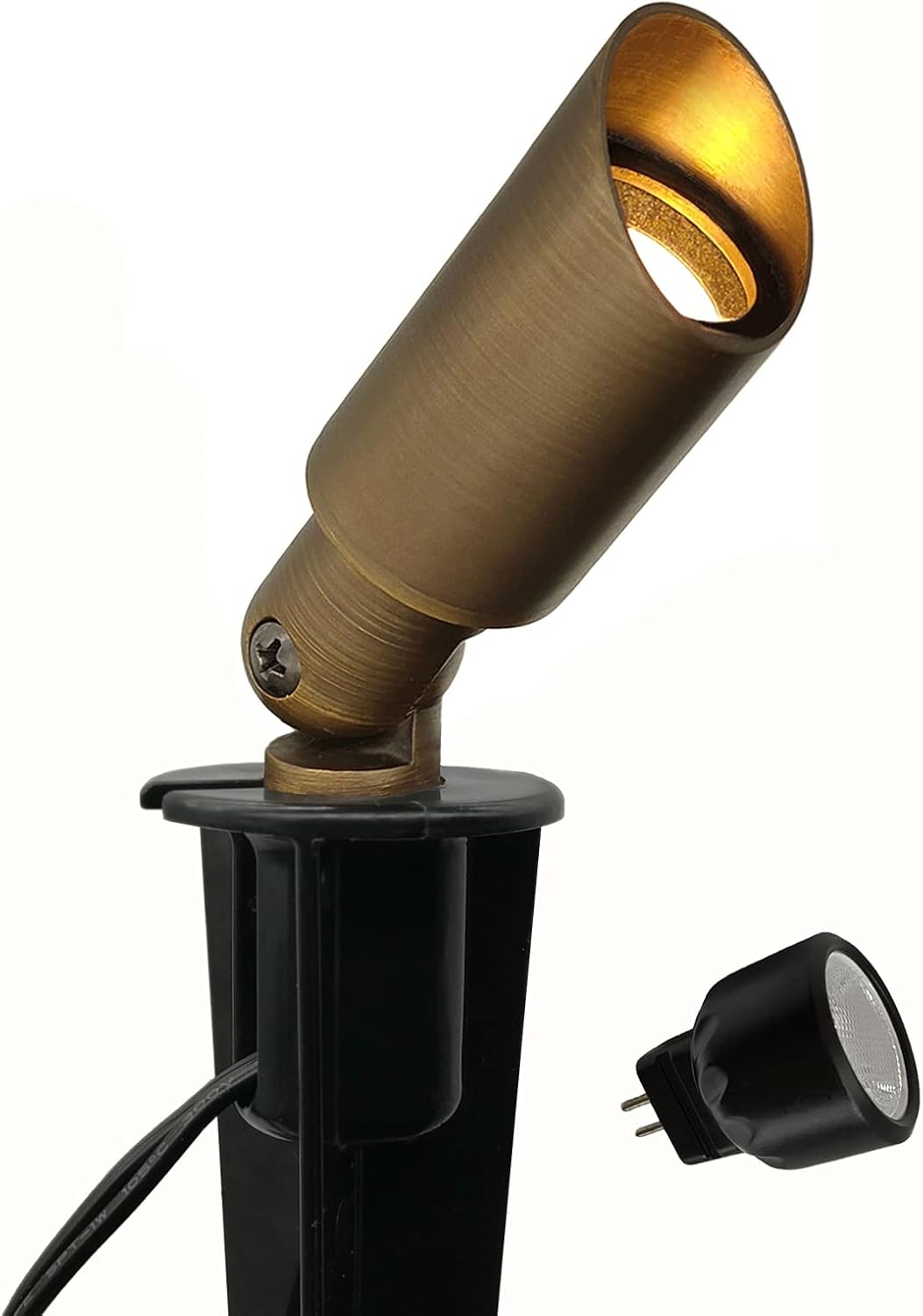 GKOLED Mini Size Brass Landscape Spotlight, Low Voltage 12V AC/DC Outdoor Directional Up Light, 180 Lumens, 3W MR8 LED Bulb ABS Ground Stake Included, 2700k Warm White, Garden Patio Trees Spot Uplight - - 