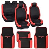 Venice Car Seat Covers w/ Vinyl Trim Floor Mats - Striped Red Accent on Black Cloth