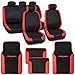 Venice Car Seat Covers w/ Vinyl Trim Floor Mats - Striped Red Accent on Black Cloth