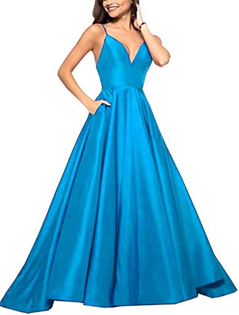 Rjer Spaghetti Straps Prom Dresses Long A Line Satin Bridal Formal Evening Gowns for Women 2019