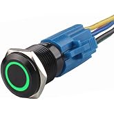 ESUPPORT 19mm 12V 5A Car Green LED Light Metal Push Button Toggle Switch | Angel Eye Switches Socket Plug Latching ON OFF Waterproof Black Shell