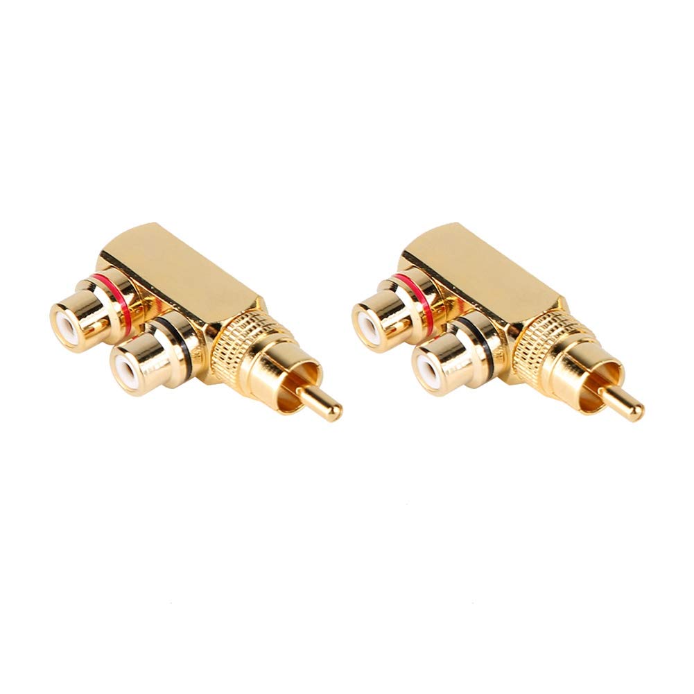 Dioche Gold Plated Male to Female Connector, Three-way Brass Connector Coaxial Adapter Audio Video Splitter Compatible with Phono,Speaker, Cable,Amplifier, Right Angle (2 Pack)