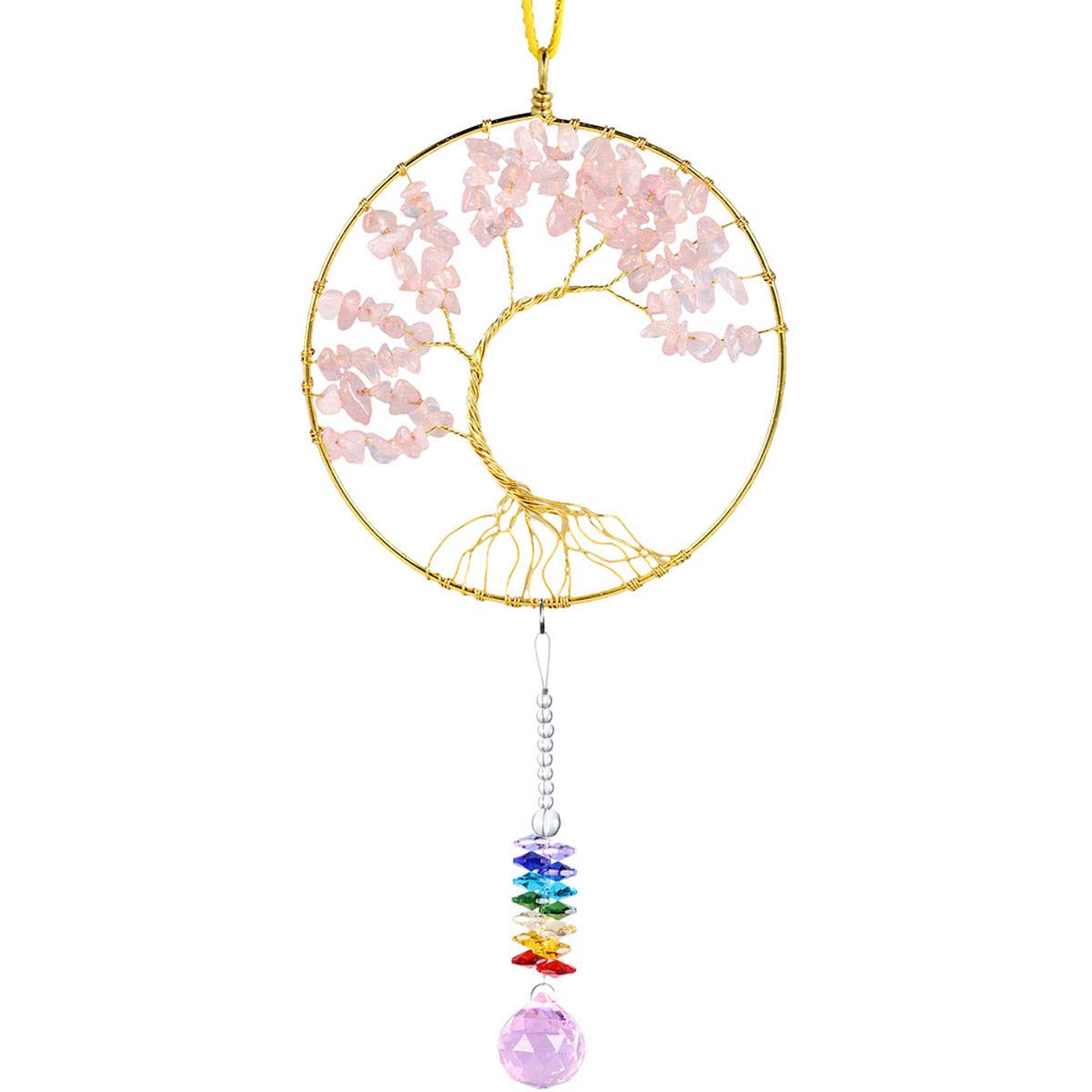 Nupuyai Rose Quartz Tree of Life Window Hanging Ornament, Crystal ball Prism Pendant Suncatcher Healing Stone Wall Art Good Luck Wedding Home Decor